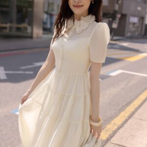 Cream 3D Flower Organza Flared Dress